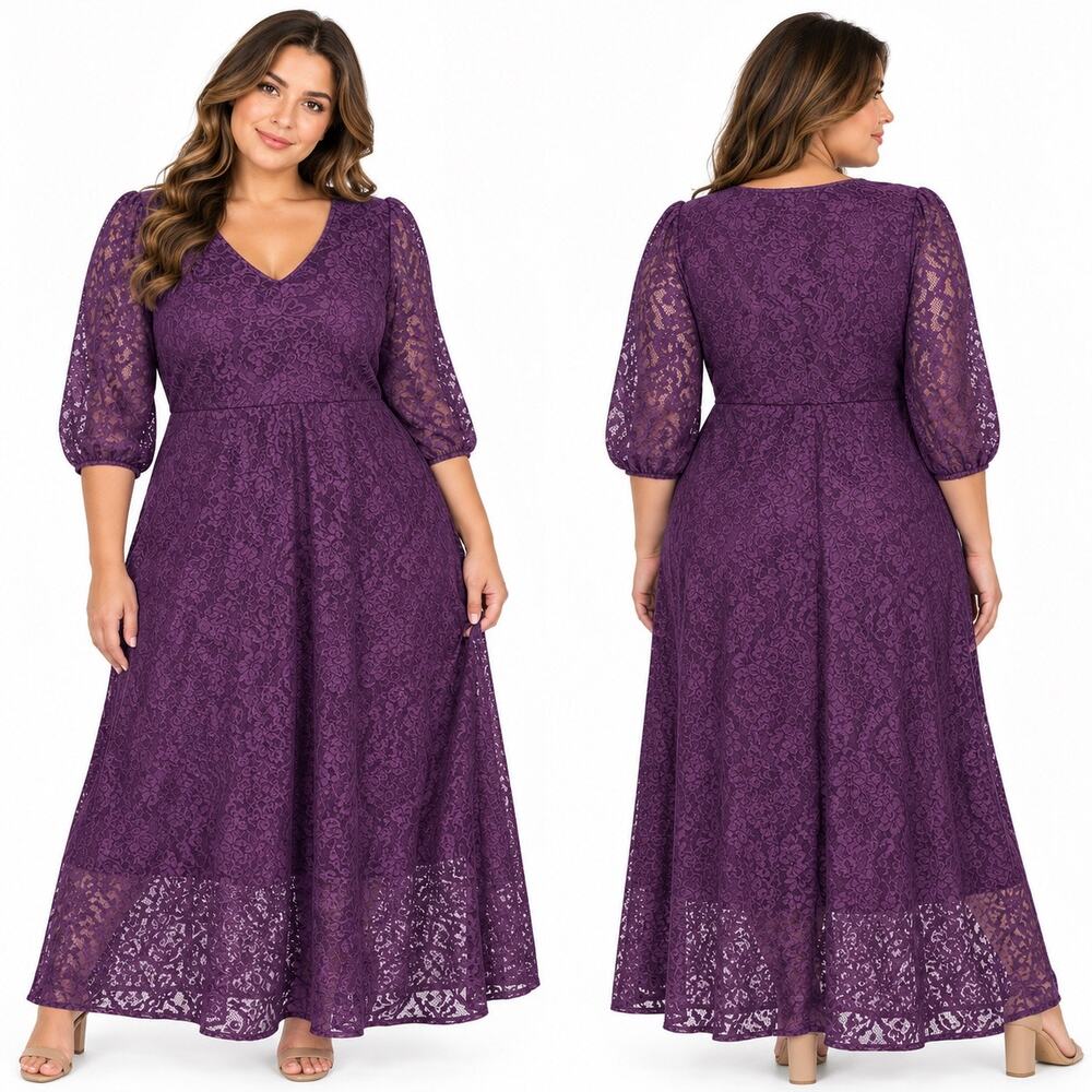 Roamans Womens Purple Lace Maxi Dress V Neck Sheer Sleeves Stretch Plus Size 3X